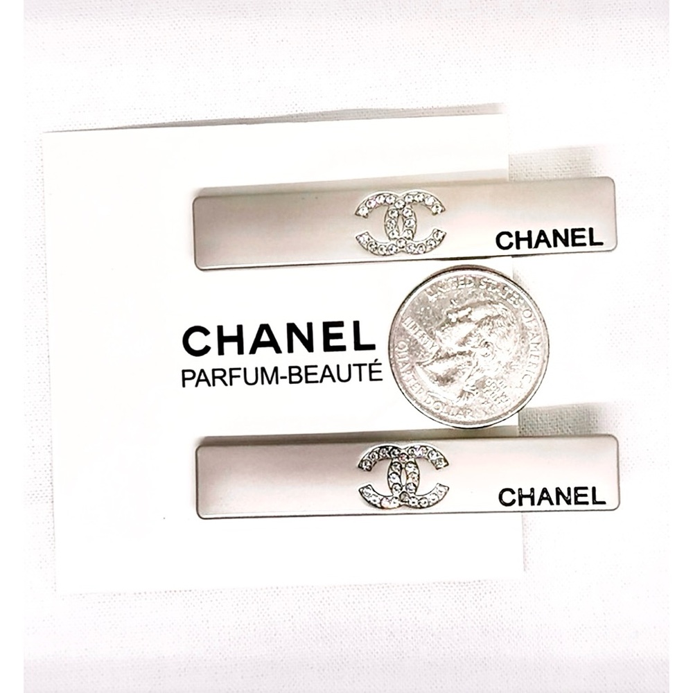 CHANEL Silver Hair Clips with Crystal Logo - Picture 2 of 9